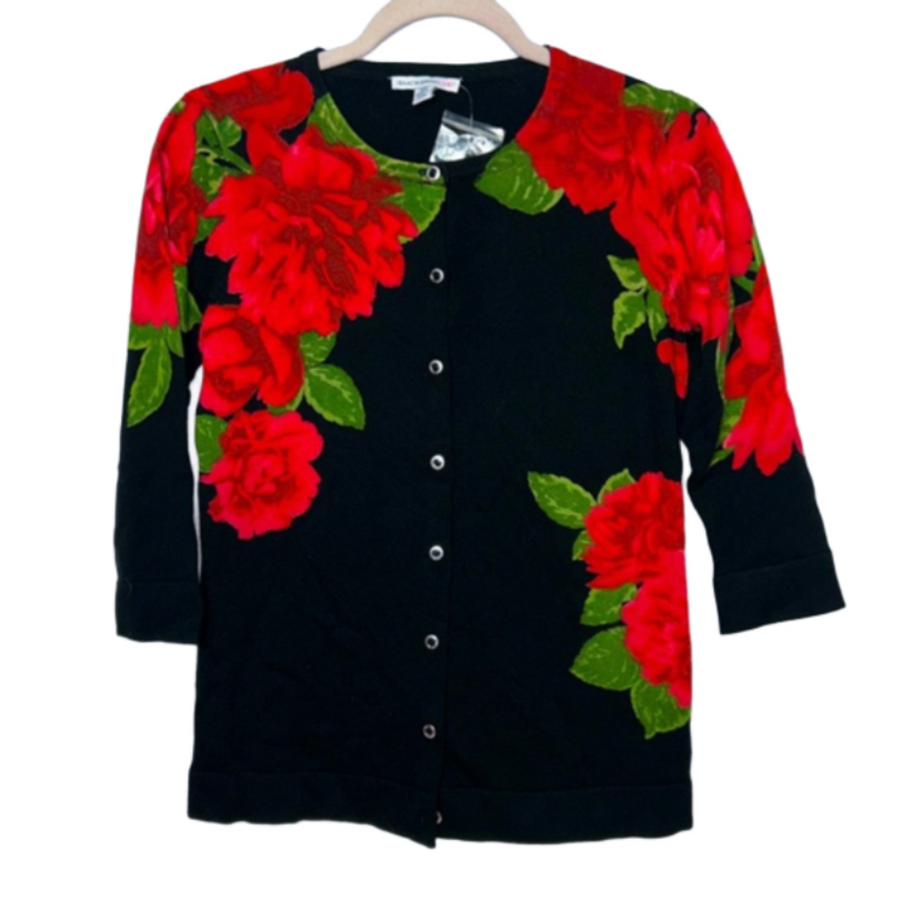 Isaac Mizrahi Black Cardigan with Red Floral Print